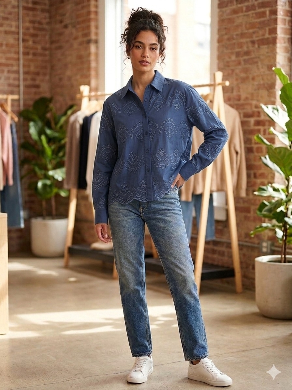Adiva Blue Eyelet-Embroidered Button-Up Shirt